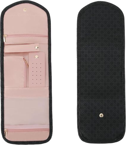 LETURE PU Leather Travel Jewelry Organizer Case, Foldable Small Jewelry Roll for Journey Ring, Pendant, Earring, Necklace, Bracelet (Black) in Kuwait