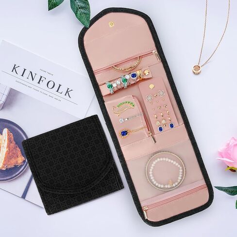 LETURE PU Leather Travel Jewelry Organizer Case, Foldable Small Jewelry Roll for Journey Ring, Pendant, Earring, Necklace, Bracelet (Black) in Kuwait
