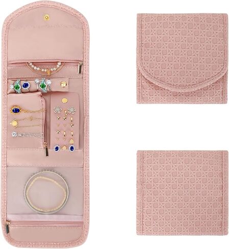 LETURE PU Leather Travel Jewelry Organizer Case, Foldable Small Jewelry Roll for Journey Ring, Pendant, Earring, Necklace, Bracelet (Black) in Kuwait