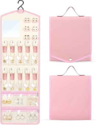 اولير حقيبة منظم مجوهرات للسفر، حامل منظم مجوهرات للسفر قابل للطي مع مرآة، حقيبة مجوهرات للسفر مقاومة للماء لتخزين الخواتم والاقراط والقلائد والاساور in Kuwait