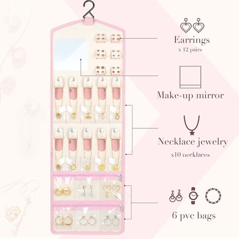 اولير حقيبة منظم مجوهرات للسفر، حامل منظم مجوهرات للسفر قابل للطي مع مرآة، حقيبة مجوهرات للسفر مقاومة للماء لتخزين الخواتم والاقراط والقلائد والاساور in Kuwait