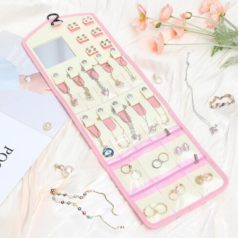 اولير حقيبة منظم مجوهرات للسفر، حامل منظم مجوهرات للسفر قابل للطي مع مرآة، حقيبة مجوهرات للسفر مقاومة للماء لتخزين الخواتم والاقراط والقلائد والاساور in Kuwait