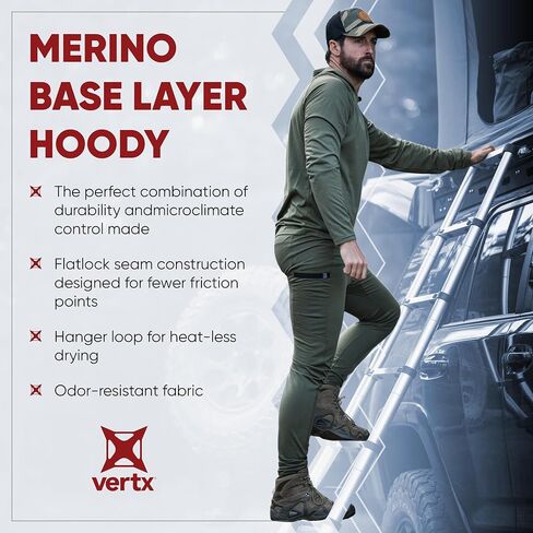 Vertx Men's Merino Wool Base Layer Hoody Pullover, Long Sleeve, Quick Dry, Outdoor Wear, Tactical Clothing in Saudi Arabia