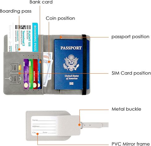 DODAMOUR Passport Holder and Luggage Tags Set, RFID Blocking Passport Vaccine Card Holder Combo Case, Travel Document Organizer for Wallet (Gray) in Kuwait