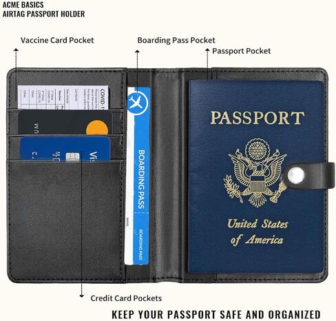 حامل جواز السفر من Acme Basics مع فتحة AirTag بالإضافة إلى بطاقة الأمتعة وحامل AirTag، غطاء جواز السفر لبطاقة الصعود إلى الطائرة، واللقاح، والهوية، والبطاقات، وحجب RFID، وحقيبة جواز السفر للرجال والنساء والسفر العائلي in Kuwait