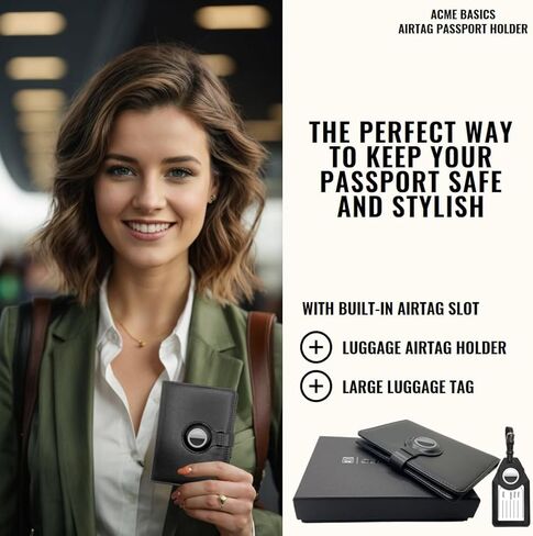 حامل جواز السفر من Acme Basics مع فتحة AirTag بالإضافة إلى بطاقة الأمتعة وحامل AirTag، غطاء جواز السفر لبطاقة الصعود إلى الطائرة، واللقاح، والهوية، والبطاقات، وحجب RFID، وحقيبة جواز السفر للرجال والنساء والسفر العائلي in Kuwait