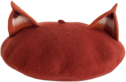 اتش تي اف جي ان سي قبعة بيريه نسائية مصنوعة يدويا من الصوف الناعم بتصميم اذني ثعلب للتدفئة في الشتاء، لون احمر طوبي in Kuwait
