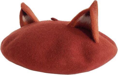 اتش تي اف جي ان سي قبعة بيريه نسائية مصنوعة يدويا من الصوف الناعم بتصميم اذني ثعلب للتدفئة في الشتاء، لون احمر طوبي in Kuwait
