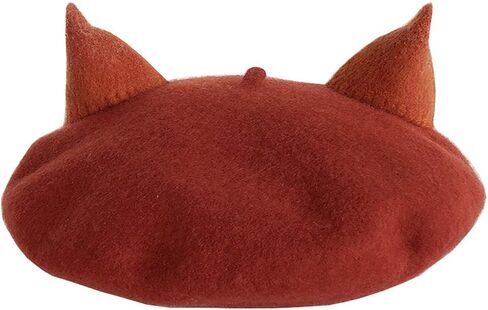 اتش تي اف جي ان سي قبعة بيريه نسائية مصنوعة يدويا من الصوف الناعم بتصميم اذني ثعلب للتدفئة في الشتاء، لون احمر طوبي in Kuwait