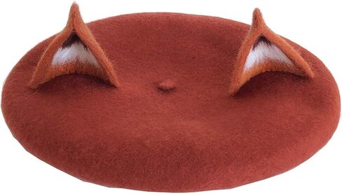 اتش تي اف جي ان سي قبعة بيريه نسائية مصنوعة يدويا من الصوف الناعم بتصميم اذني ثعلب للتدفئة في الشتاء، لون احمر طوبي in Kuwait