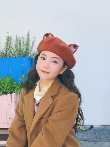 اتش تي اف جي ان سي قبعة بيريه نسائية مصنوعة يدويا من الصوف الناعم بتصميم اذني ثعلب للتدفئة في الشتاء، لون احمر طوبي in Kuwait