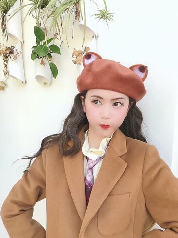 اتش تي اف جي ان سي قبعة بيريه نسائية مصنوعة يدويا من الصوف الناعم بتصميم اذني ثعلب للتدفئة في الشتاء، لون احمر طوبي in Kuwait