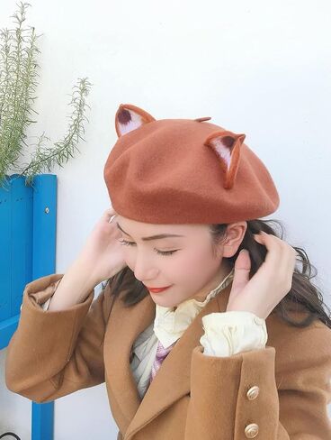 اتش تي اف جي ان سي قبعة بيريه نسائية مصنوعة يدويا من الصوف الناعم بتصميم اذني ثعلب للتدفئة في الشتاء، لون احمر طوبي in Kuwait