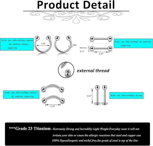 Zysta 8 قطع 16 جرام من التيتانيوم على شكل حدوة حصان حلقة ثقب الأذن مجموعة حلق الحاجب الحلمة البطن 316L الزنمة اللولبية الغضروف الحاجز الشفاه اللسان حلقات الحديد الأقراط in Kuwait