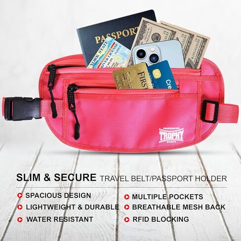 Trophy Sports Money Belt RFID Blocking Money Belt - Slim Passport/Money Holder Pouch for Traveling - Small Hidden Undergarment Waist Wallets for Men and Women - Enhanced Security (Pink) in Kuwait