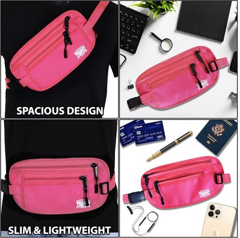 Trophy Sports Money Belt RFID Blocking Money Belt - Slim Passport/Money Holder Pouch for Traveling - Small Hidden Undergarment Waist Wallets for Men and Women - Enhanced Security (Pink) in Kuwait