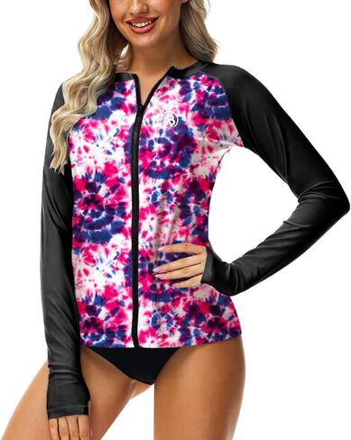 AOBUTE Women Zipper Rash Guard UPF 50+ Sun Protection Swim Shirt Surf Top with Thumb Hole in Kuwait