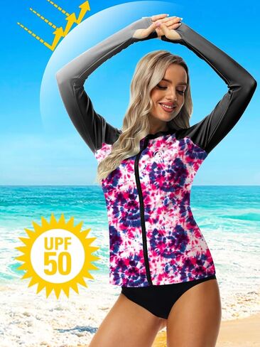 AOBUTE Women Zipper Rash Guard UPF 50+ Sun Protection Swim Shirt Surf Top with Thumb Hole in Kuwait
