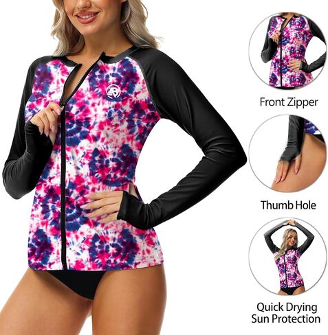 AOBUTE Women Zipper Rash Guard UPF 50+ Sun Protection Swim Shirt Surf Top with Thumb Hole in Kuwait