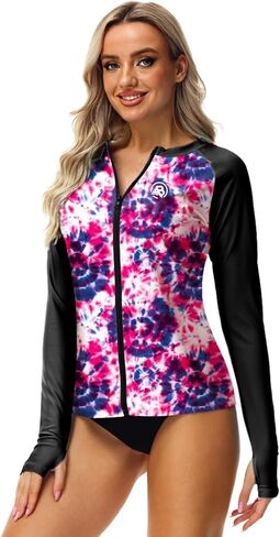 AOBUTE Women Zipper Rash Guard UPF 50+ Sun Protection Swim Shirt Surf Top with Thumb Hole in Kuwait