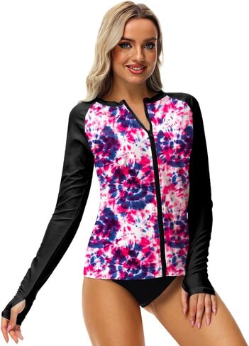 AOBUTE Women Zipper Rash Guard UPF 50+ Sun Protection Swim Shirt Surf Top with Thumb Hole in Kuwait