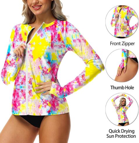 AOBUTE Women Zipper Rash Guard UPF 50+ Sun Protection Swim Shirt Surf Top with Thumb Hole in Kuwait