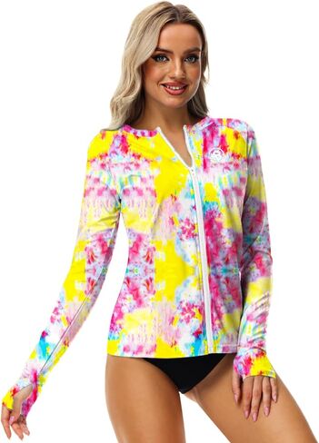 AOBUTE Women Zipper Rash Guard UPF 50+ Sun Protection Swim Shirt Surf Top with Thumb Hole in Kuwait