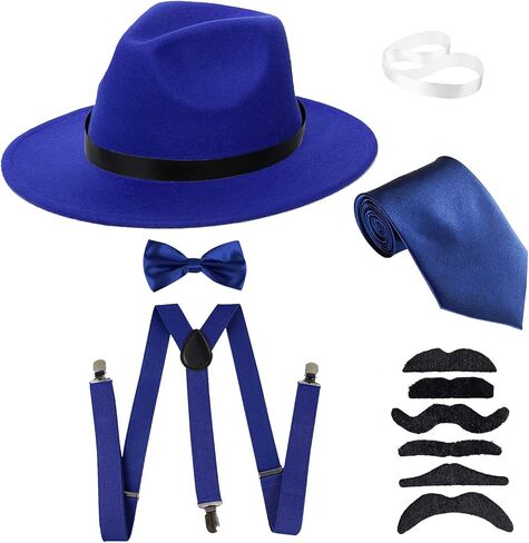 مجموعة Roaring 1920s للرجال قبعة مانهاتن فيدورا ، حمالات على شكل حرف Y وربطة عنق مربوطة مسبقًا ، ربطة عصابات وشارب وهمي in Kuwait