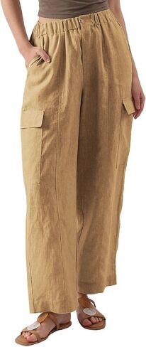 Amazhiyu Womens Pure Linen Wide Leg Cargo Pants Elastic Waist Baggy Jogger with Pockets in Saudi Arabia
