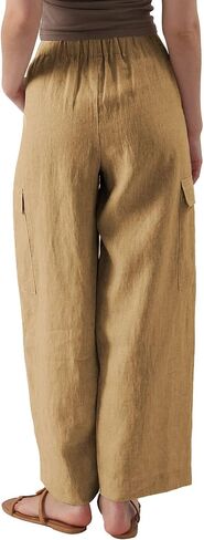 Amazhiyu Womens Pure Linen Wide Leg Cargo Pants Elastic Waist Baggy Jogger with Pockets in Saudi Arabia