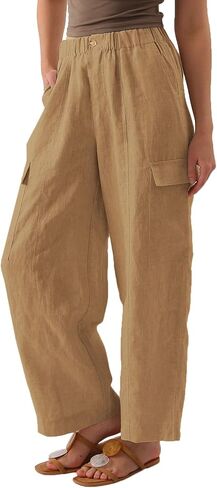 Amazhiyu Womens Pure Linen Wide Leg Cargo Pants Elastic Waist Baggy Jogger with Pockets in Saudi Arabia