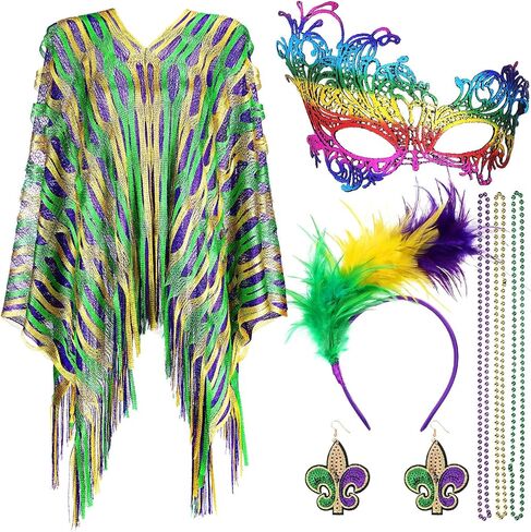 7 Pcs Mardi Gras Outfit for Women Feathers Headband Party Headwear Beads Necklaces Shawl Scarf Dangle Earrings Eye Mask in Saudi Arabia