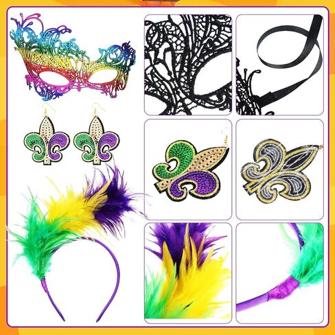 7 Pcs Mardi Gras Outfit for Women Feathers Headband Party Headwear Beads Necklaces Shawl Scarf Dangle Earrings Eye Mask in Saudi Arabia