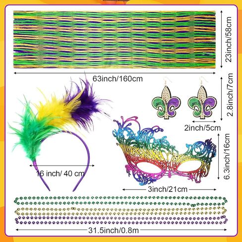 7 Pcs Mardi Gras Outfit for Women Feathers Headband Party Headwear Beads Necklaces Shawl Scarf Dangle Earrings Eye Mask in Saudi Arabia