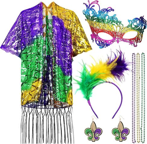 7 Pcs Mardi Gras Outfit for Women Feathers Headband Party Headwear Beads Necklaces Shawl Scarf Dangle Earrings Eye Mask in Saudi Arabia