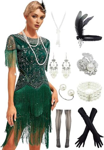 YACHARM 1920s Flapper كم طويل مهدب كوكتيل غاتسبي هادر 20s فستان مُطرز بالترتر مع مجموعة إكسسوارات 20s in Saudi Arabia