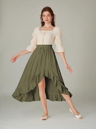 Scarlet Darkness Renaissance Midi Skirt Asymmetrical Ruffle Summer Flowy Skirt with Pockets in Saudi Arabia