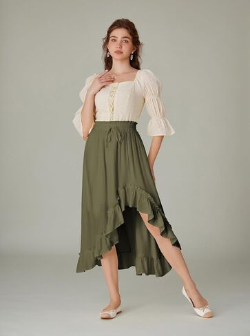 Scarlet Darkness Renaissance Midi Skirt Asymmetrical Ruffle Summer Flowy Skirt with Pockets in Saudi Arabia
