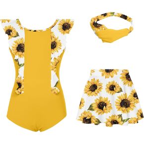 بدلة استحمام للفتيات للأطفال من عمر 5 إلى 12 عامًا بعامل حماية من الأشعة فوق البنفسجية 50+، ملابس سباحة مكشكشة سريعة الجفاف مع عصابة رأس تنورة in Kuwait