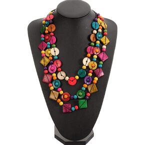 SEWACC Bohemian Shell Necklace Wood Bead Statement Collar Necklace Chunky Layered Necklace Handmade Beaded Long Necklace for Women Girls (Colorful)