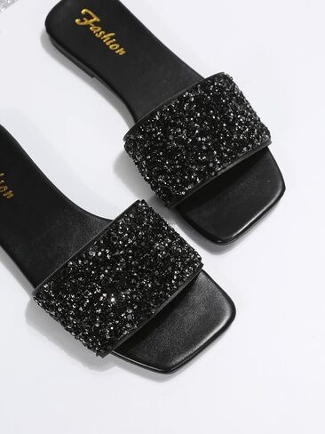 صندل نسائي من GORGLITTER مصنوع من حجر الراين بأشرطة لامعة ومربع مفتوح من الأمام منزلق in Saudi Arabia