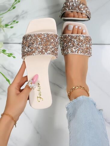 صندل نسائي من GORGLITTER مصنوع من حجر الراين بأشرطة لامعة ومربع مفتوح من الأمام منزلق in Saudi Arabia