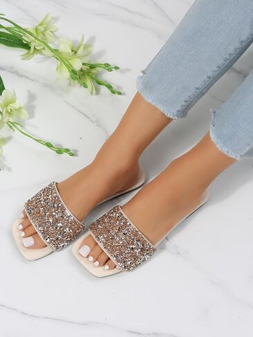 صندل نسائي من GORGLITTER مصنوع من حجر الراين بأشرطة لامعة ومربع مفتوح من الأمام منزلق in Saudi Arabia