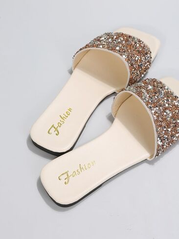 صندل نسائي من GORGLITTER مصنوع من حجر الراين بأشرطة لامعة ومربع مفتوح من الأمام منزلق in Saudi Arabia