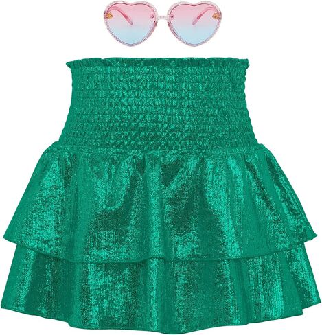 Zando Girls Sparkle Metallic Skirt Layers Ruffle Dance Skirt Shiny Sequin Cheerleaders Skirt with Sunglass Set 4-12Y in Saudi Arabia