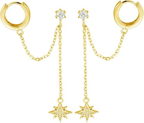 SLUYNZ 925 Sterling Silver Small Hoop Cuff Earrings Wrap for Women Teen Girls Double Piercing Earrings Chain Cartilage Helix Earrings Star Tassel in Saudi Arabia
