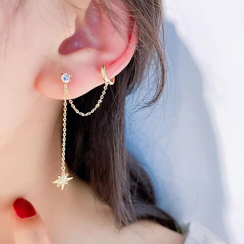 SLUYNZ 925 Sterling Silver Small Hoop Cuff Earrings Wrap for Women Teen Girls Double Piercing Earrings Chain Cartilage Helix Earrings Star Tassel in Saudi Arabia