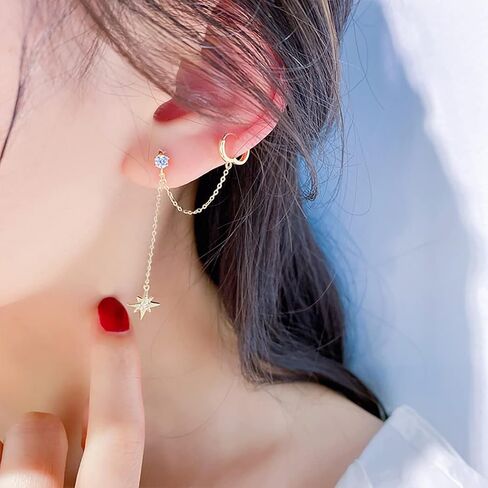 SLUYNZ 925 Sterling Silver Small Hoop Cuff Earrings Wrap for Women Teen Girls Double Piercing Earrings Chain Cartilage Helix Earrings Star Tassel in Saudi Arabia