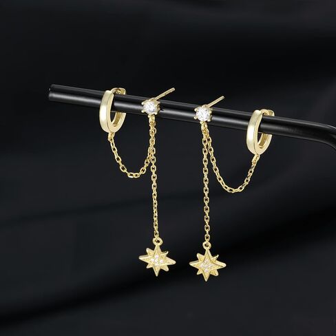 SLUYNZ 925 Sterling Silver Small Hoop Cuff Earrings Wrap for Women Teen Girls Double Piercing Earrings Chain Cartilage Helix Earrings Star Tassel in Saudi Arabia