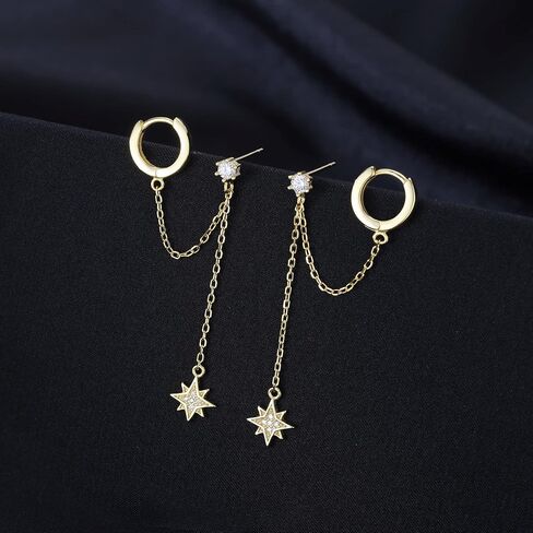 SLUYNZ 925 Sterling Silver Small Hoop Cuff Earrings Wrap for Women Teen Girls Double Piercing Earrings Chain Cartilage Helix Earrings Star Tassel in Saudi Arabia